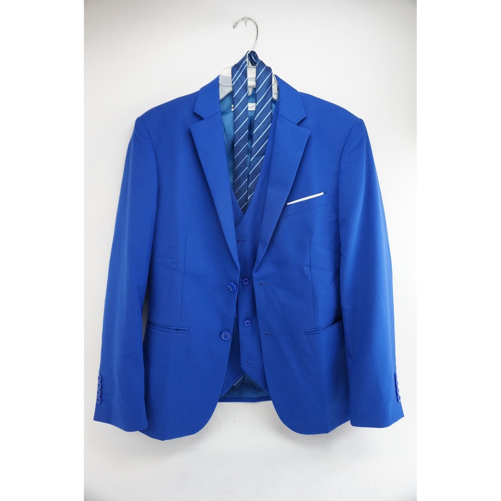 Wehilion 3 Piece Suit Set Size S Royal Blue Blazer Vest and Silk‎ Tie Excellent
